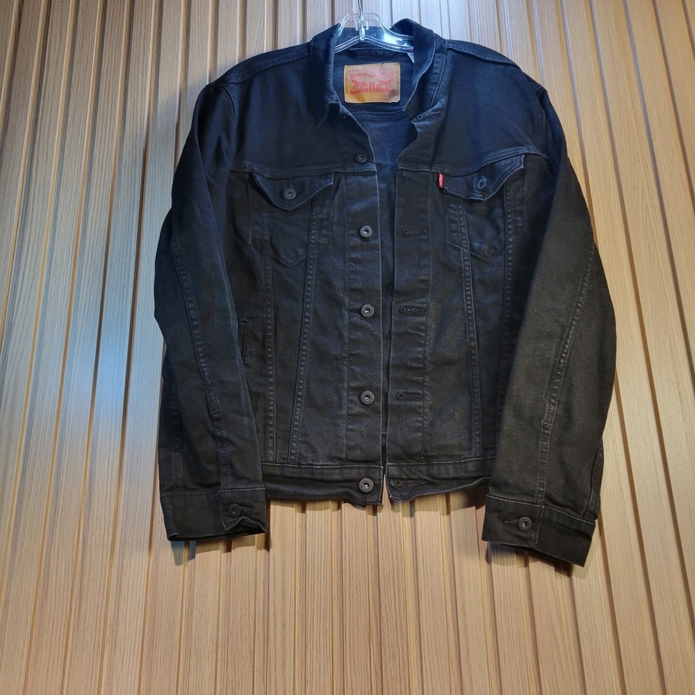 Levis Mens Black Denim Trucker Jacket Size L Red Tab Button Front Jean Jacket